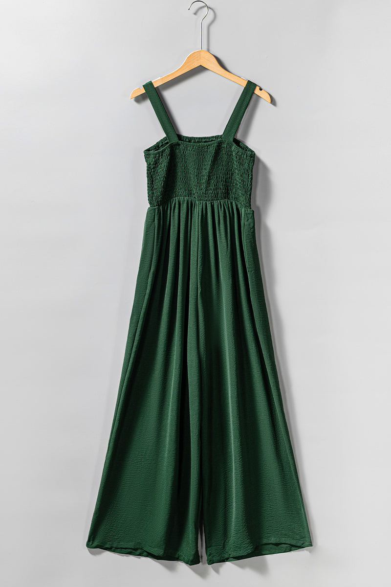 Green Smocked Sleeveless Wide Leg Jumpsuit with Pockets